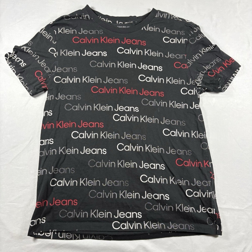 Calvin Klein Jeans All Over Logo Print T Shirt Black Red White Men's Medium M - Picture 2 of 7